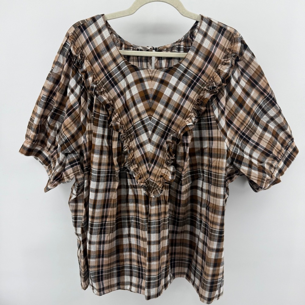 Brown Plaid Ruffle V-Neck Short Sleeve Casual Blouse‎ Top Women's 3x Plus Size